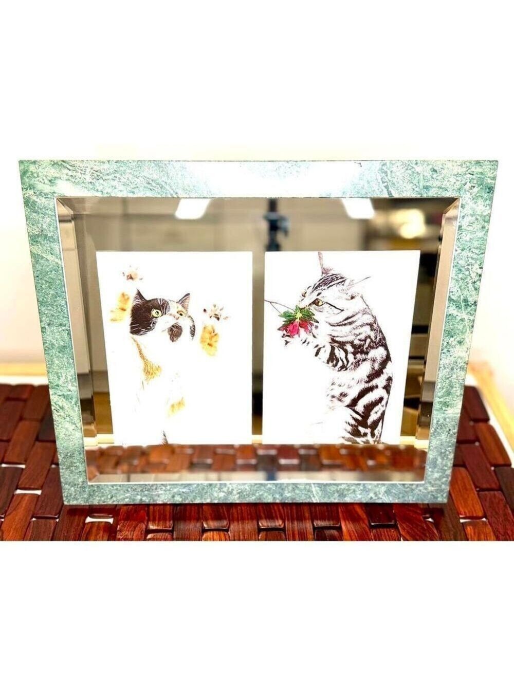 Vintage Solid Green Marble Double Photo Frame (5x7 Photos) With Glass Front
